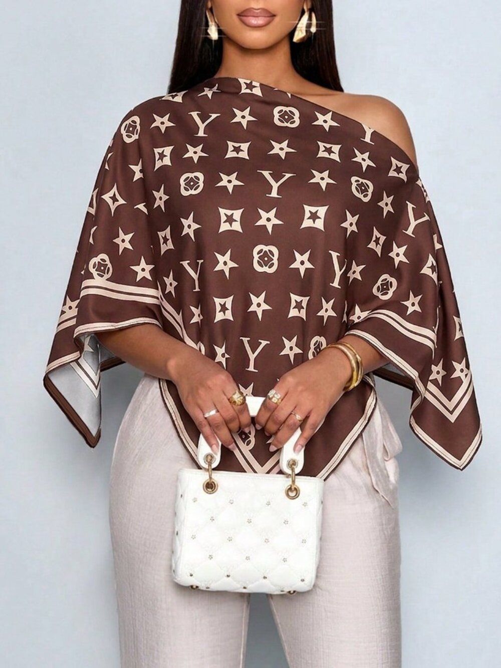 Brown Boho Women's Elegant Off-Shoulder Shirt Artistic Pattern Party Top - Picture 4 of 10